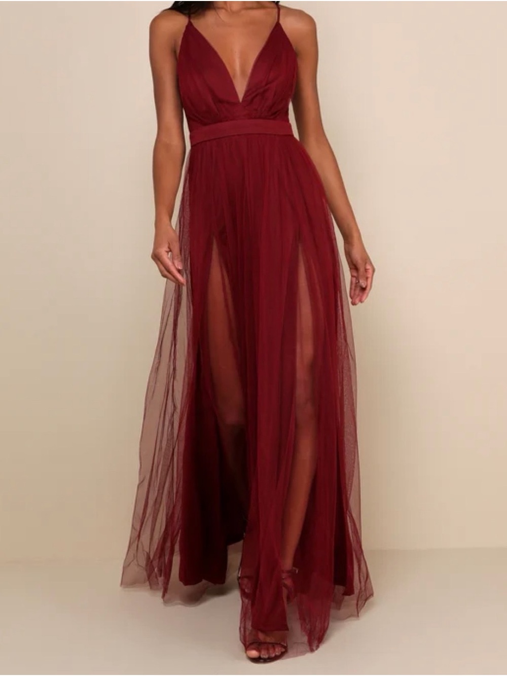 Lulu's Burgundy V-Neck Tulle Maxi Dress